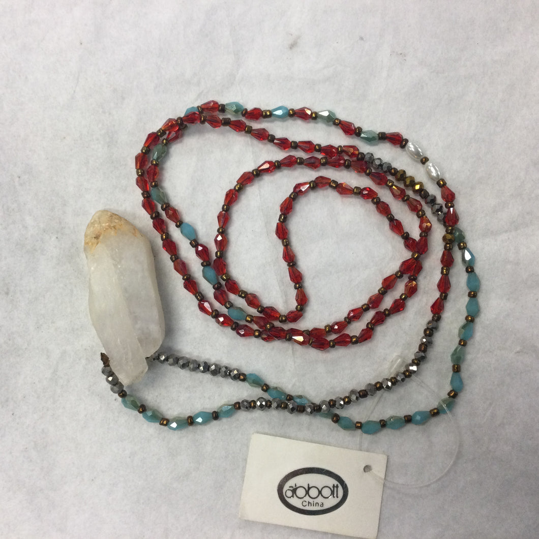 Long Necklace with Faceted Beads, Bog Quartz at End, Beads in Green, Blue, or Red