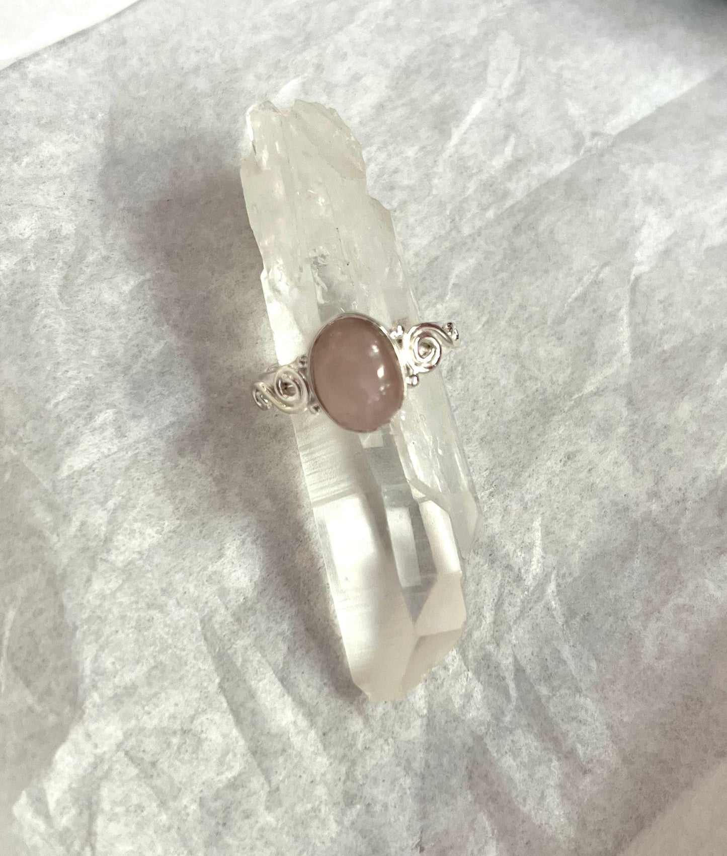 Silver Rose Quartz Ring with Spiral Detailing Size 6