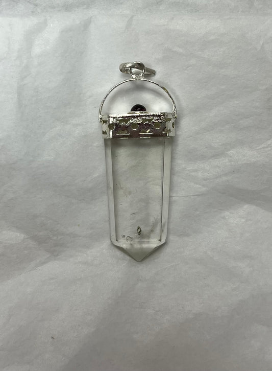 Silver Topped Pointed Clear Quartz Pendant with Amethyst gemstone