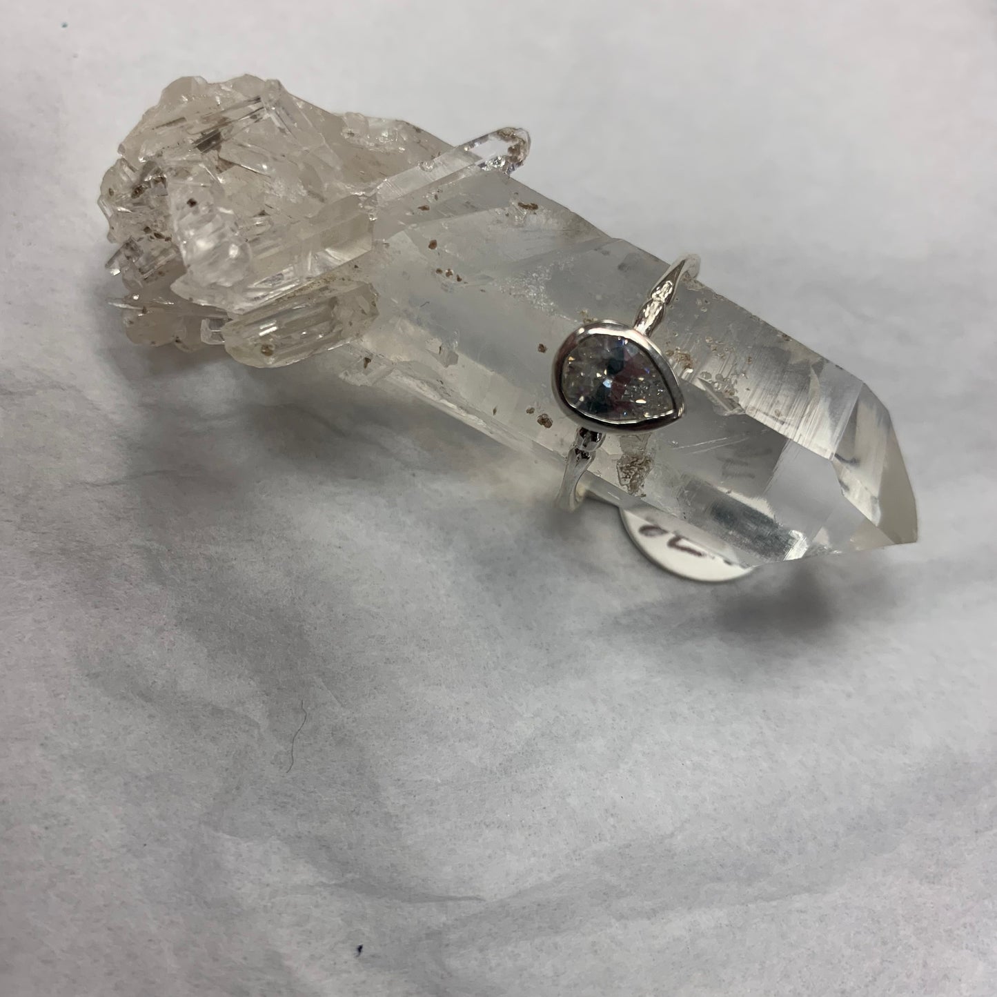 Silver Tear Drop Clear Quartz Bone Shaped Ring Size 7