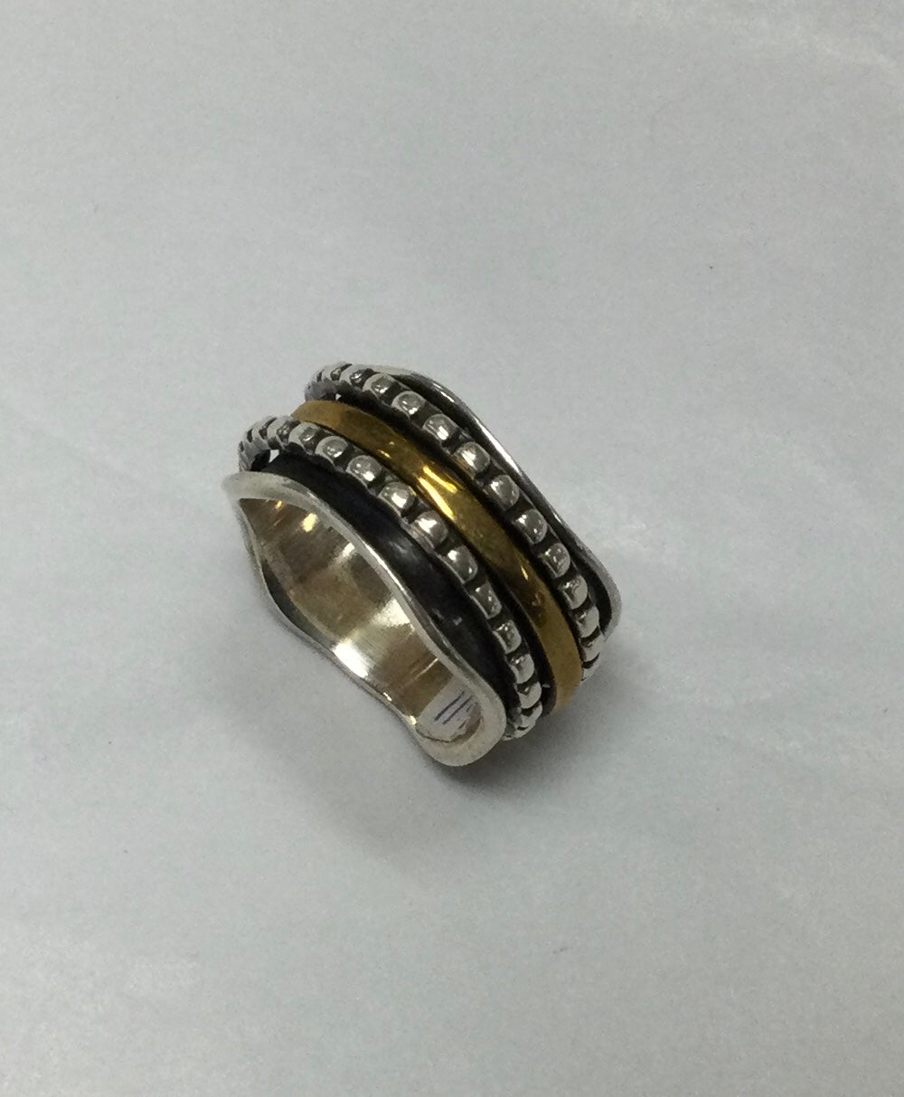 Meditation Ring, Silver with Brass Middle Band, Bordered by Beaded Silver Bands