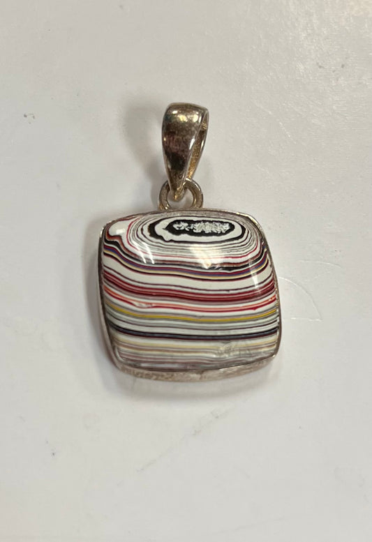 Square Black/White Multi Layered Fordite Pendant in Silver