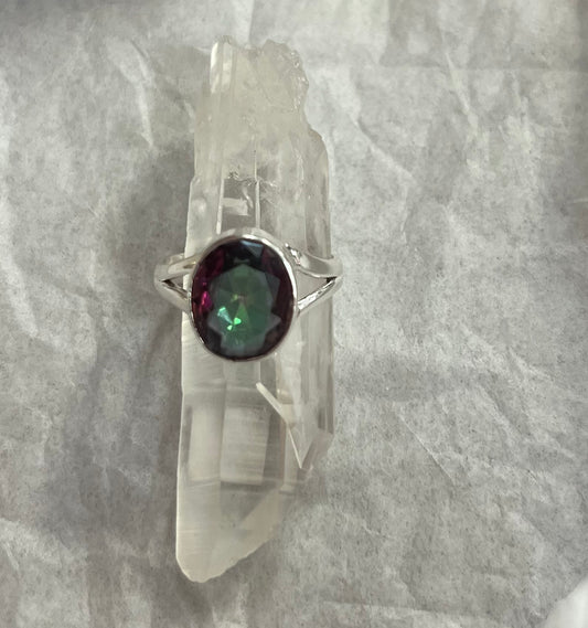 Silver Oval Faceted Mystic Topaz Ring Size 7