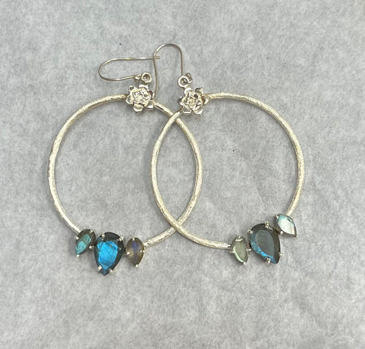 Silver Hoop Labradorite Earrings Faceted with Lotus Emblem