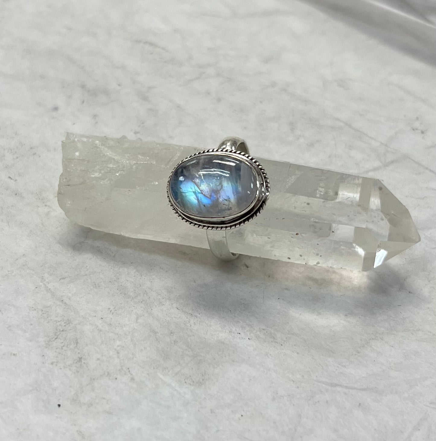 Silver Ornate Oval Moonstone Ring size 9