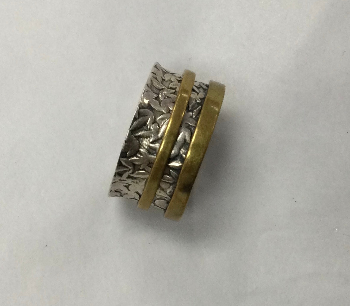 Meditation Ring, Silver Patterned Base, Gold Border and Gold Band