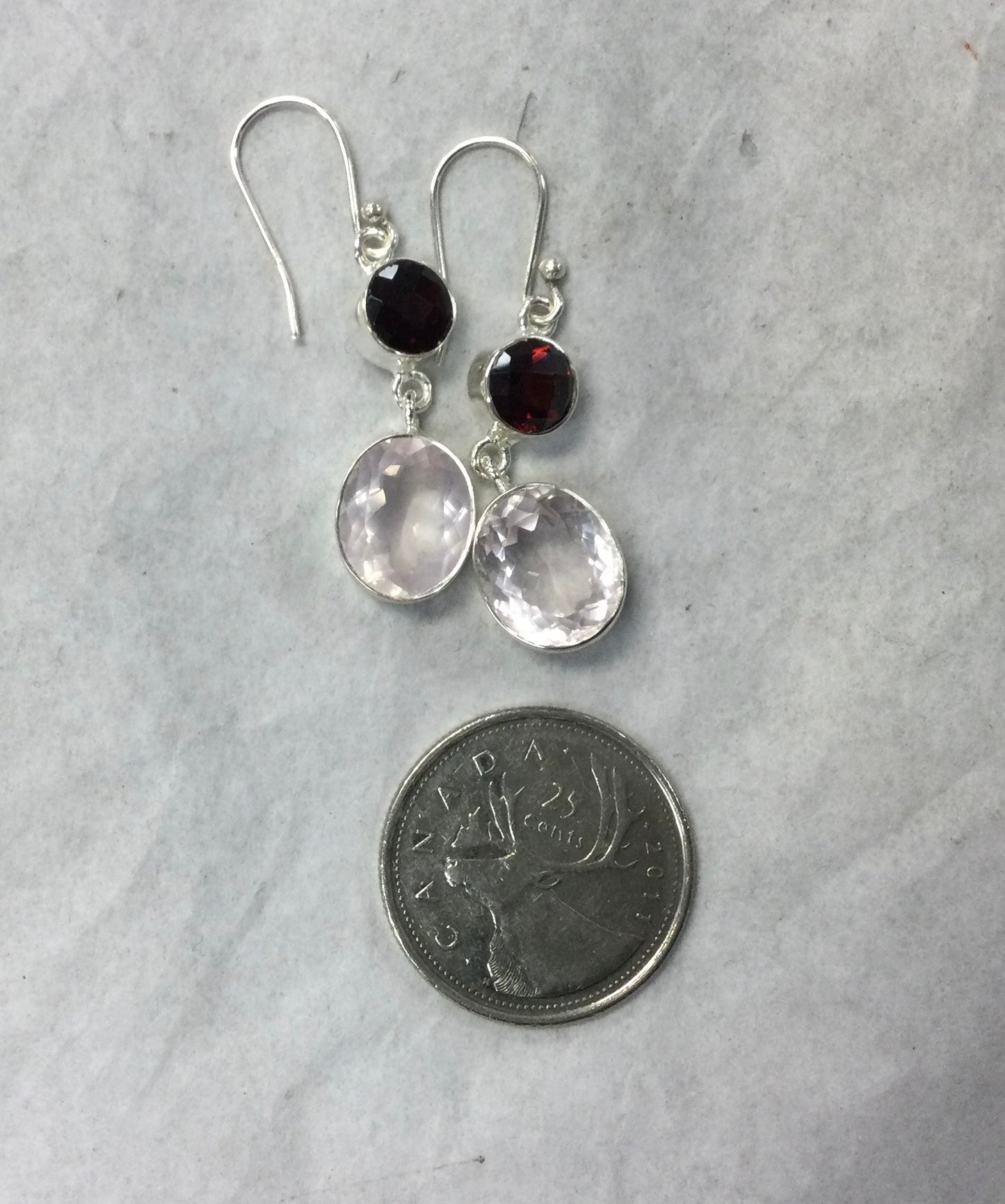 Rose Quartz and Garnet Silver Hook Earrings