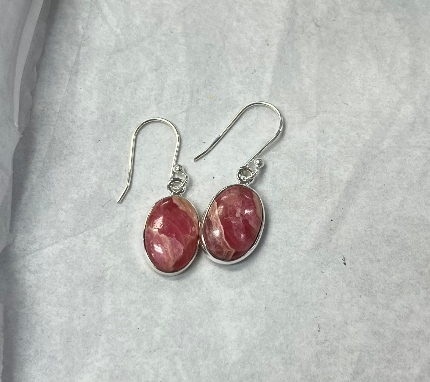 Silver Oval Rhodochrosite Dangle Earrings