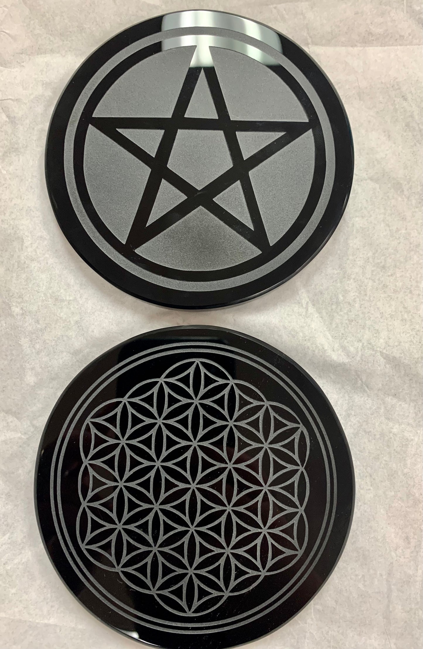 Obsidian Plate With Pentacle or Flower of Life 4"