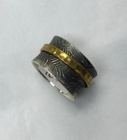 Meditation Ring, Patterned Silver with Gold Band