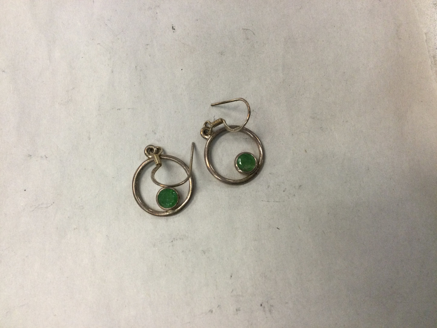 Silver Circle Drop Earrings With Green Stone Center Piece