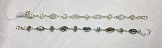 Silver Oval and Pointed Ellipse Crystal Bracelet (Various Stones)