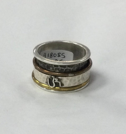 Meditation Ring, Size 8, Silver Base with Thick Inscribed Silver Band, Thin Copper/Gold Bands