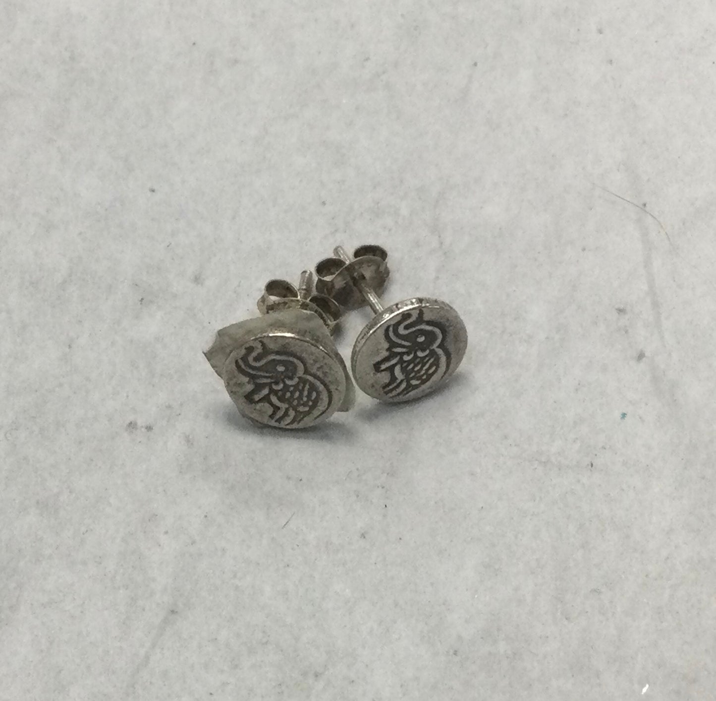 Silver Stud Earrings, Circle with Elephant