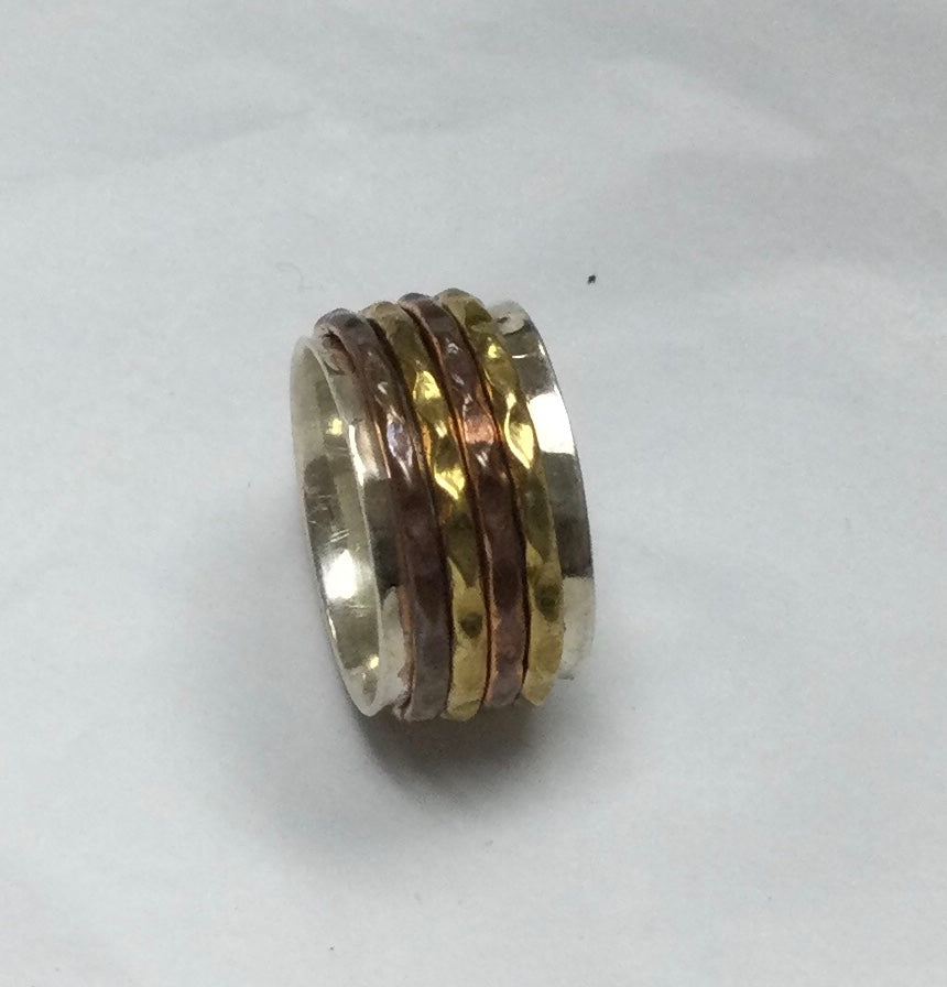 Meditation Ring, Silver with 2 Copper Bands, 2 Brass Bands